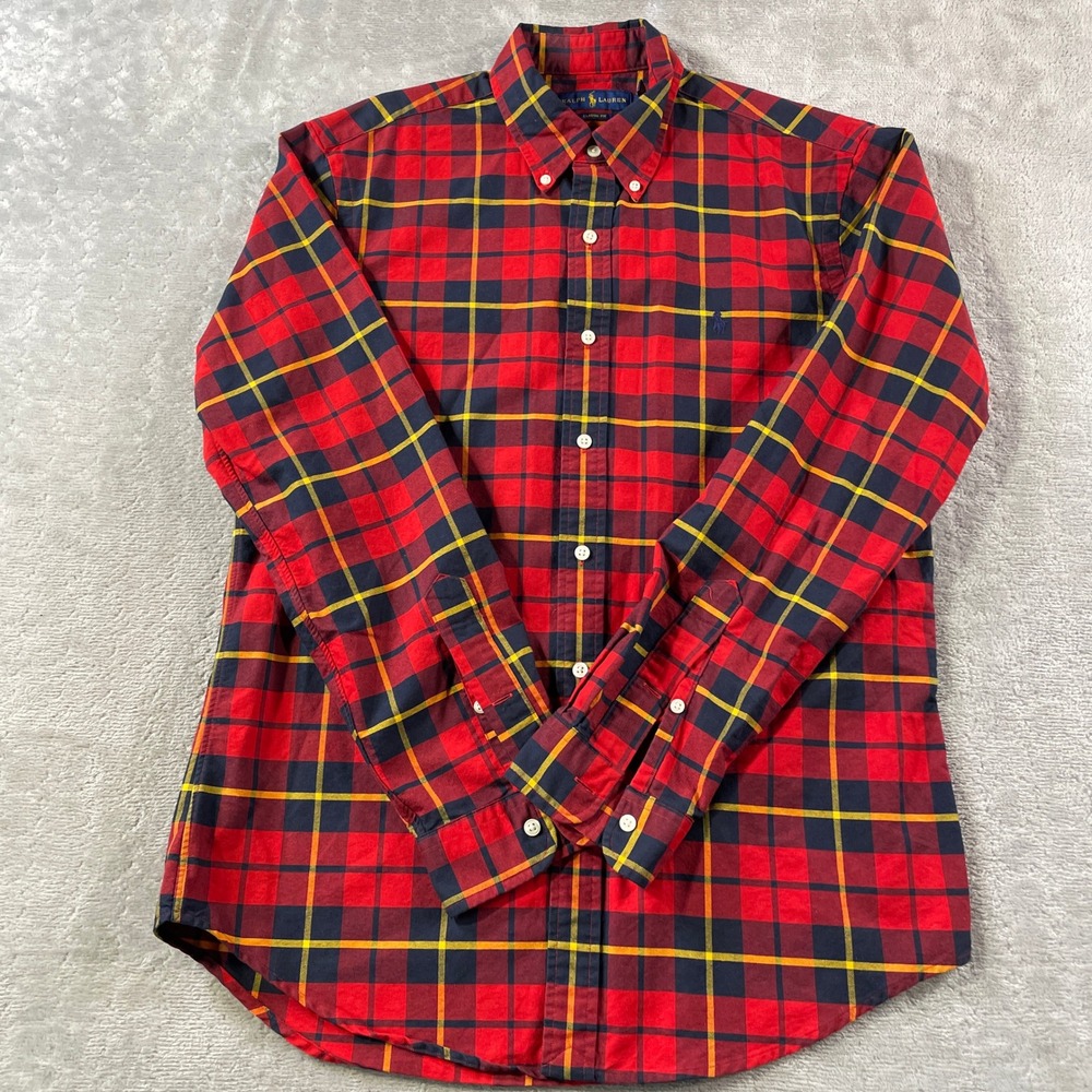Ralph Lauren Shirt Men Medium Red Plaid Classic Fit Button Holiday Preppy Casual